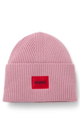 Wool-blend beanie hat with red logo patch, light pink