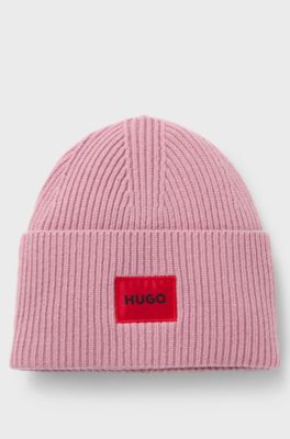 Wool-blend beanie hat with red logo patch, light pink