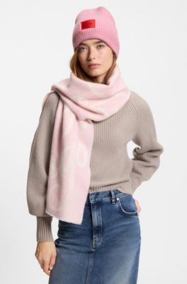 Beanie van een wolmix met rode logopatch, Lichtroze