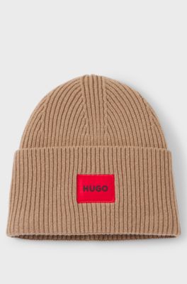 All-gender logo beanie hat in a wool blend, Light Brown