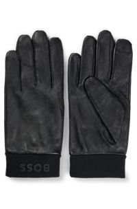 Leren handschoenen met logo en touchscreenvriendelijke vingertoppen, Zwart