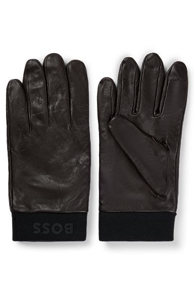 Leather gloves with branding and touchscreen-friendly fingertips, Dark Brown