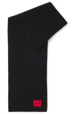 Hugo Ribbed Wool-blend Scarf With Red Logo Label In Black