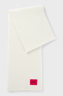 Ribbed wool-blend scarf with red logo label, Natural