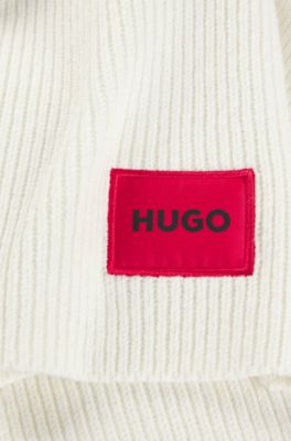 Ribbed wool-blend scarf with red logo label, Natural