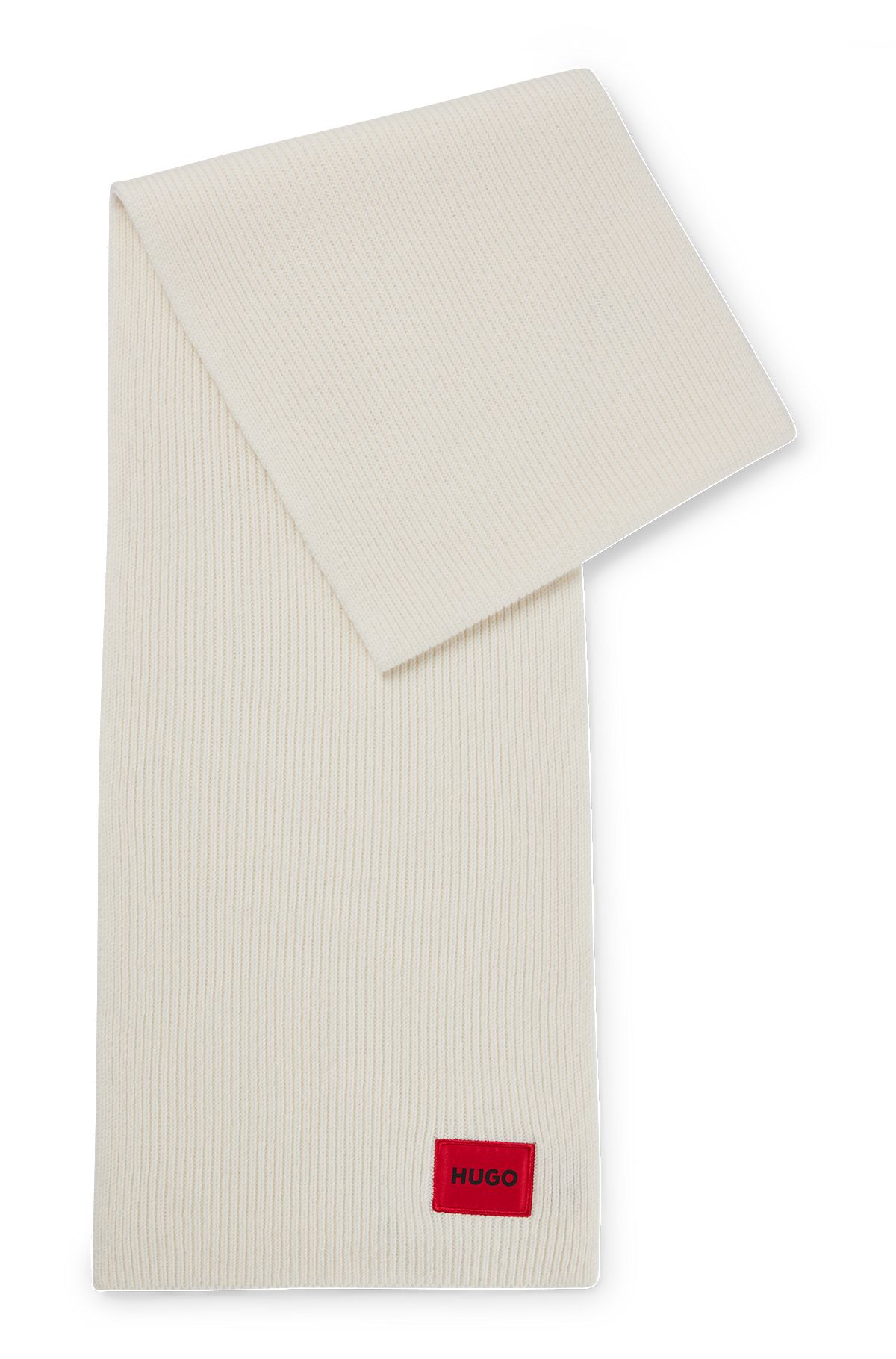 Wool-blend scarf with red logo label, Light Beige