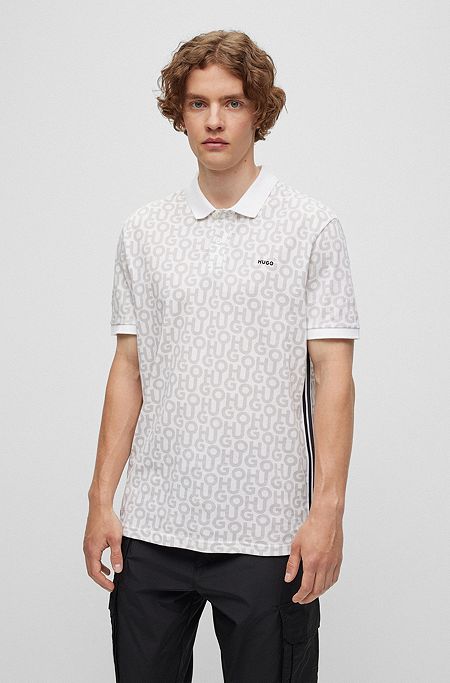 Cotton-piqué polo shirt with all-over monogram pattern, White