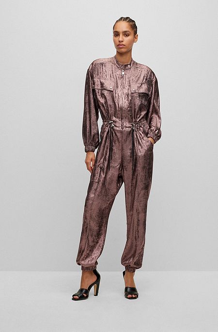 Relaxed-fit jumpsuit in metallic material with elastic waist, Dark Brown
