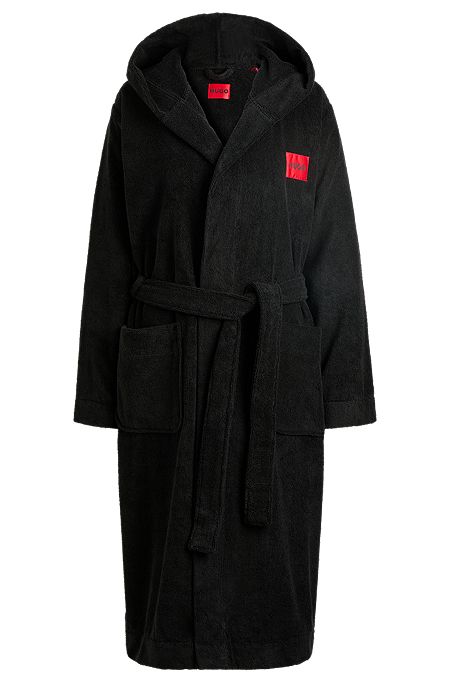 Hooded dressing gown in French terry with logo label, Black