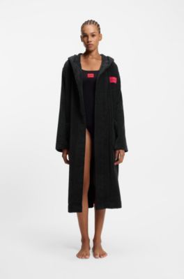 Cotton-terry dressing gown with red logo, Black