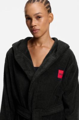 Cotton-terry dressing gown with red logo, Black