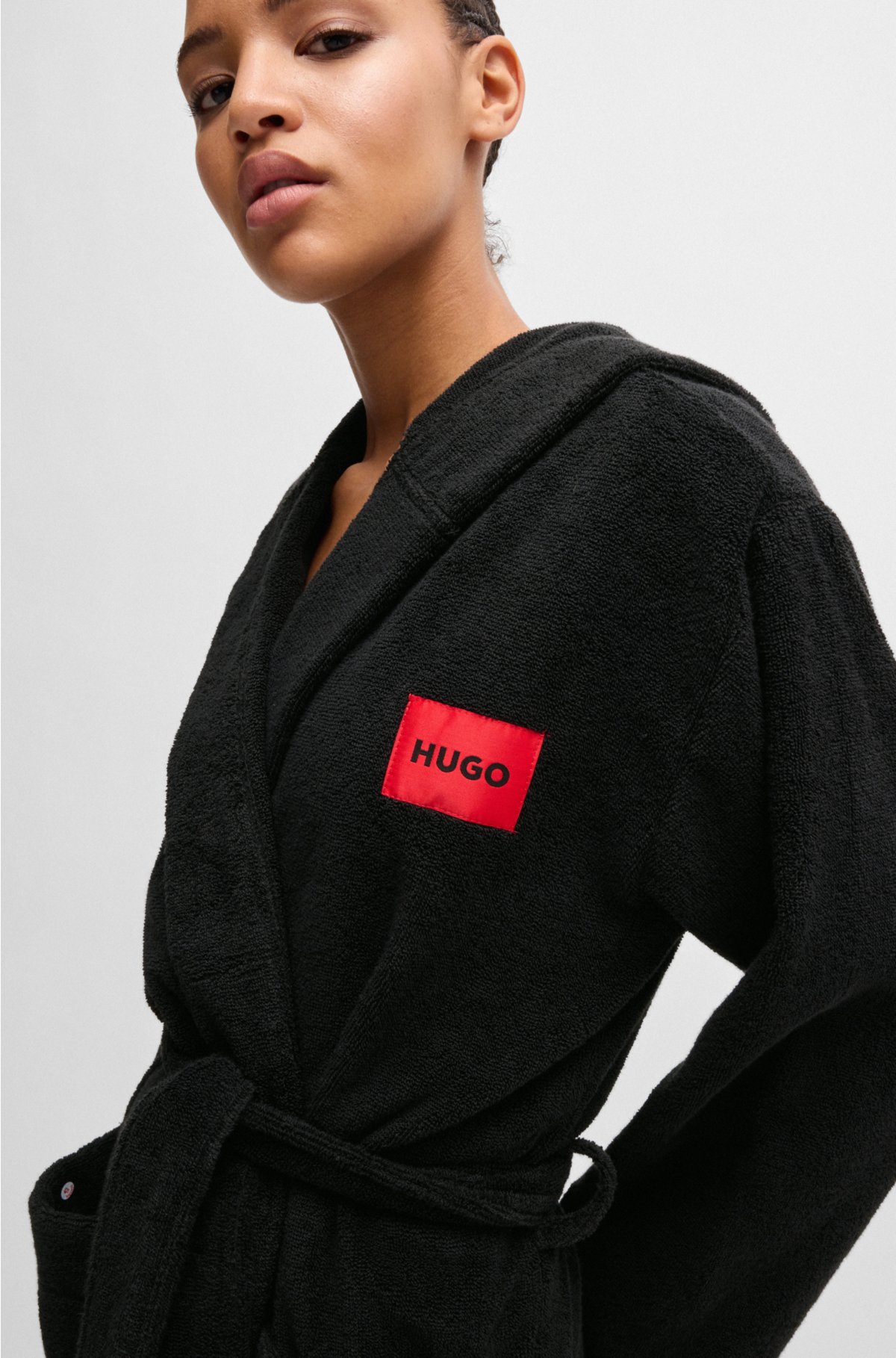 Cotton-terry dressing gown with red logo label, Black