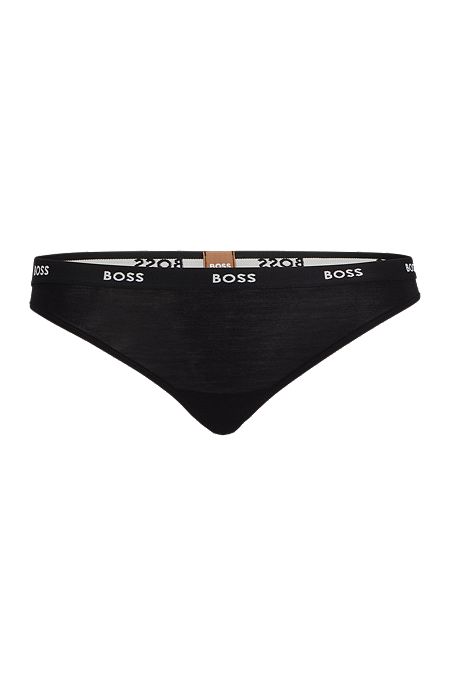 Low-rise thong in stretch jersey with logo waistband, Black