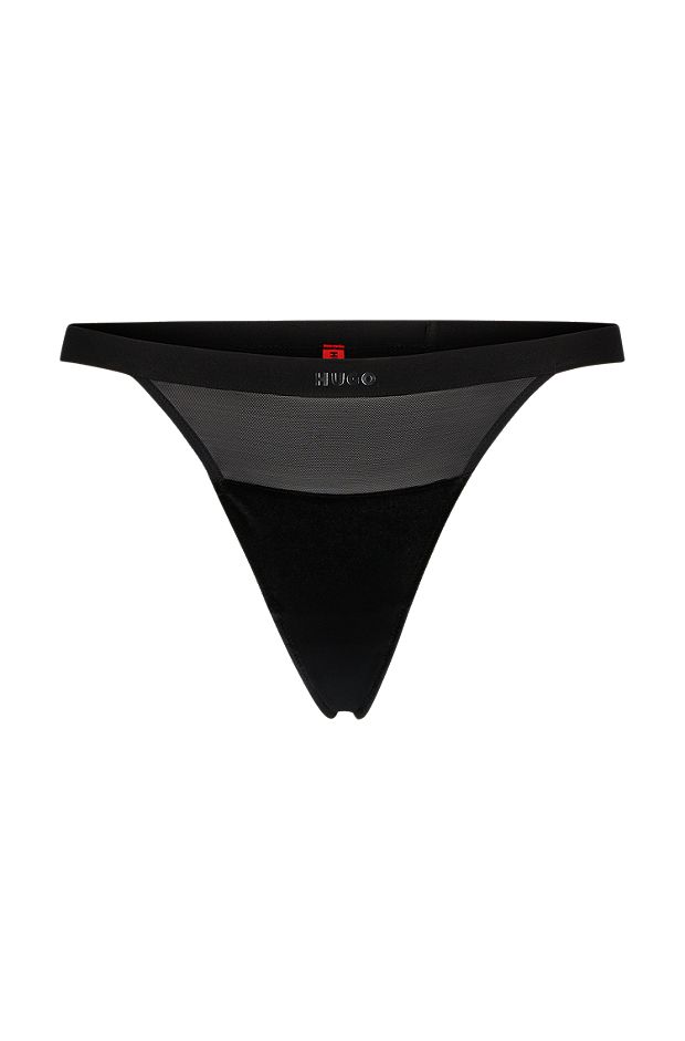 Logo-waistband thong with velvet, Black
