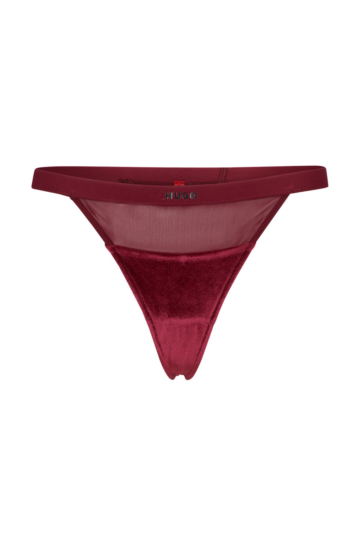 Logo-waistband thong with velvet, Dark Red
