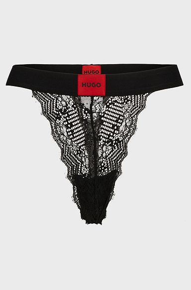 Thong in geometric lace with red logo label, Black