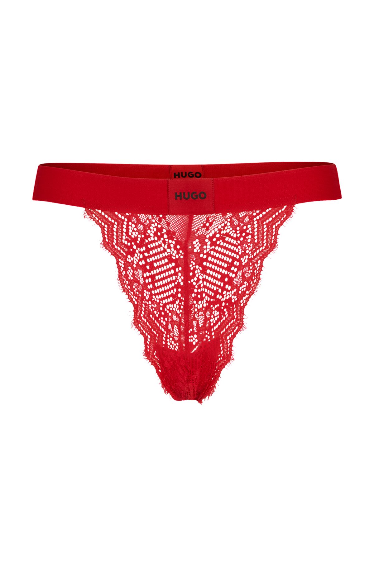 Thong in geometric lace with red logo label, Red