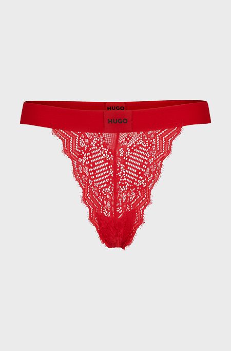 Thong in geometric lace with red logo label, Red