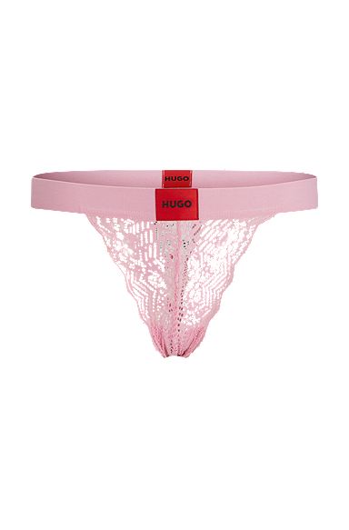Thong in geometric lace with red logo label, light pink