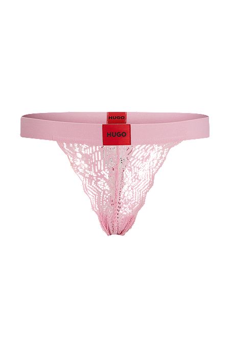 Thong in geometric lace with red logo label, light pink