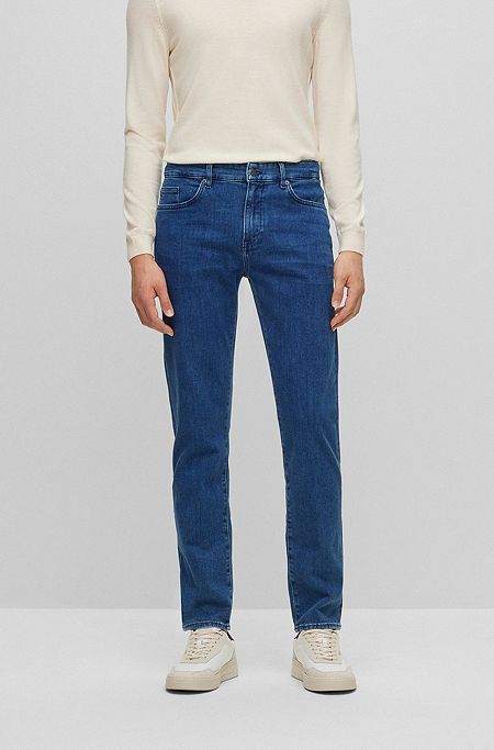 Slim-fit jeans in blue Italian cashmere-touch denim, Dark Blue