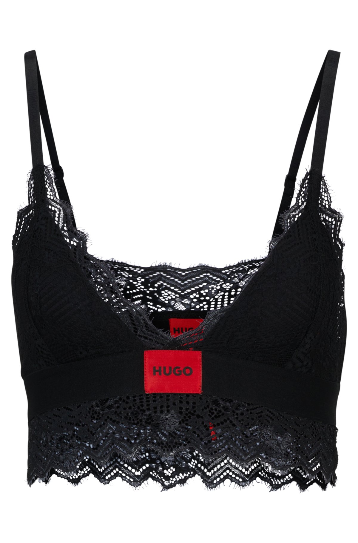 Padded triangle bra in geometric lace with logo label, Black
