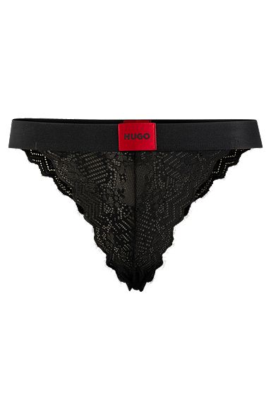 Briefs in geometric lace with red logo label, Black