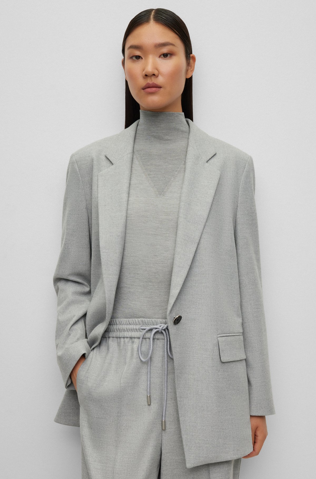 Oversized-fit single-button jacket in melange flannel, Light Grey