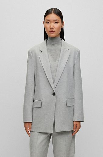 Oversized-fit single-button jacket in melange flannel, Light Grey