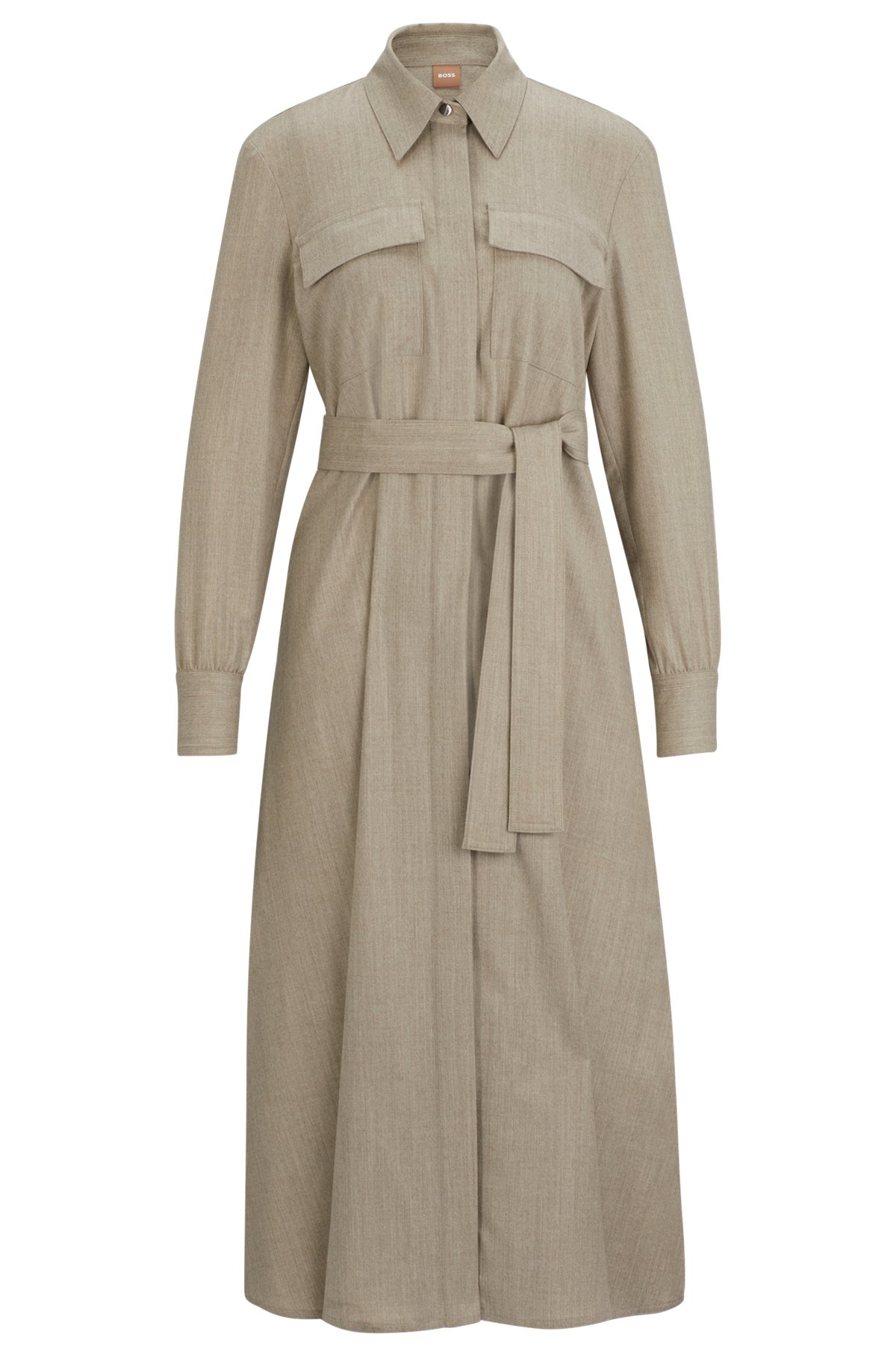 Belted shirt dress in melange stretch-wool flannel, Light Beige