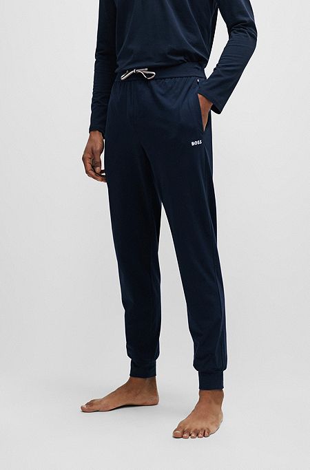 Stretch-cotton pyjama bottoms with logo print, Dark Blue