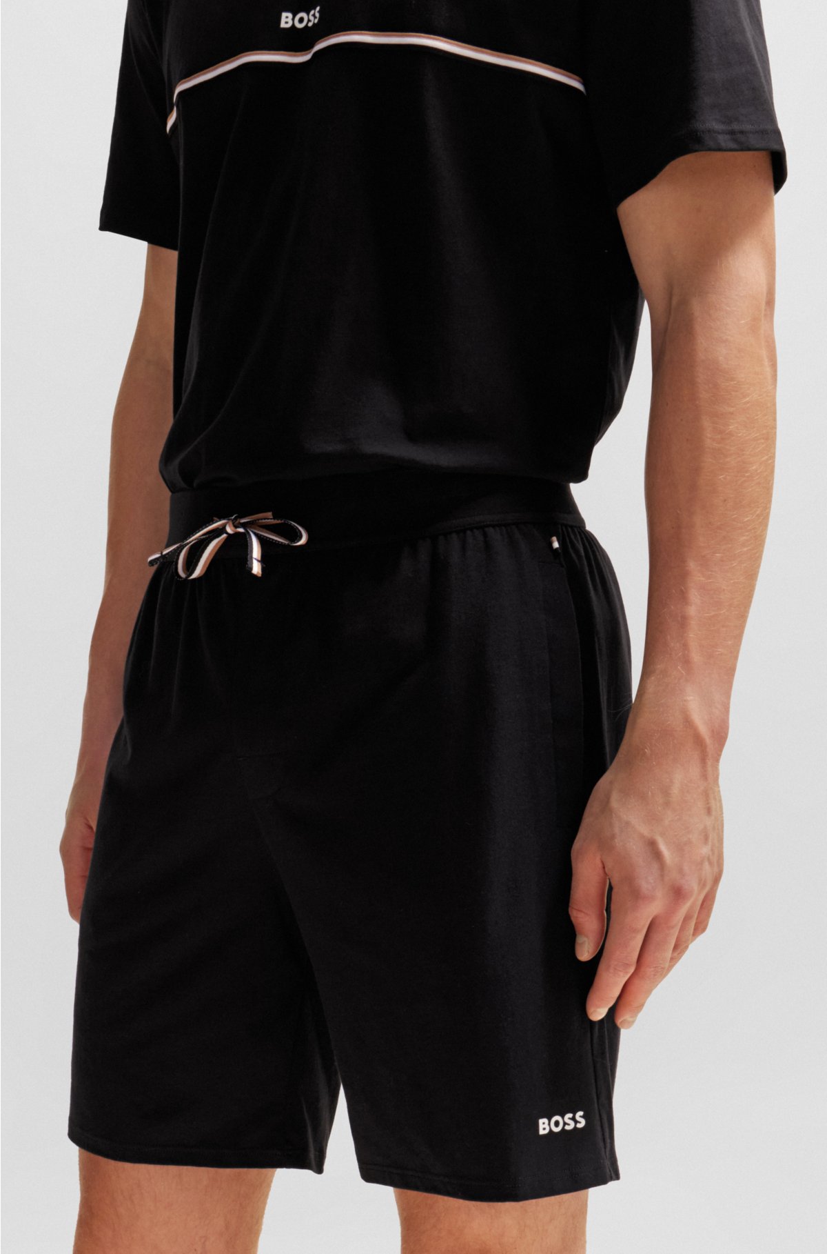 Stretch-cotton pyjama shorts with logo print, Black