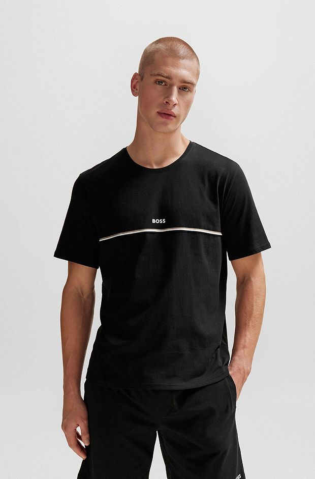 Pyjamashirt van stretchkatoen met kenmerkende streep en logo, Zwart