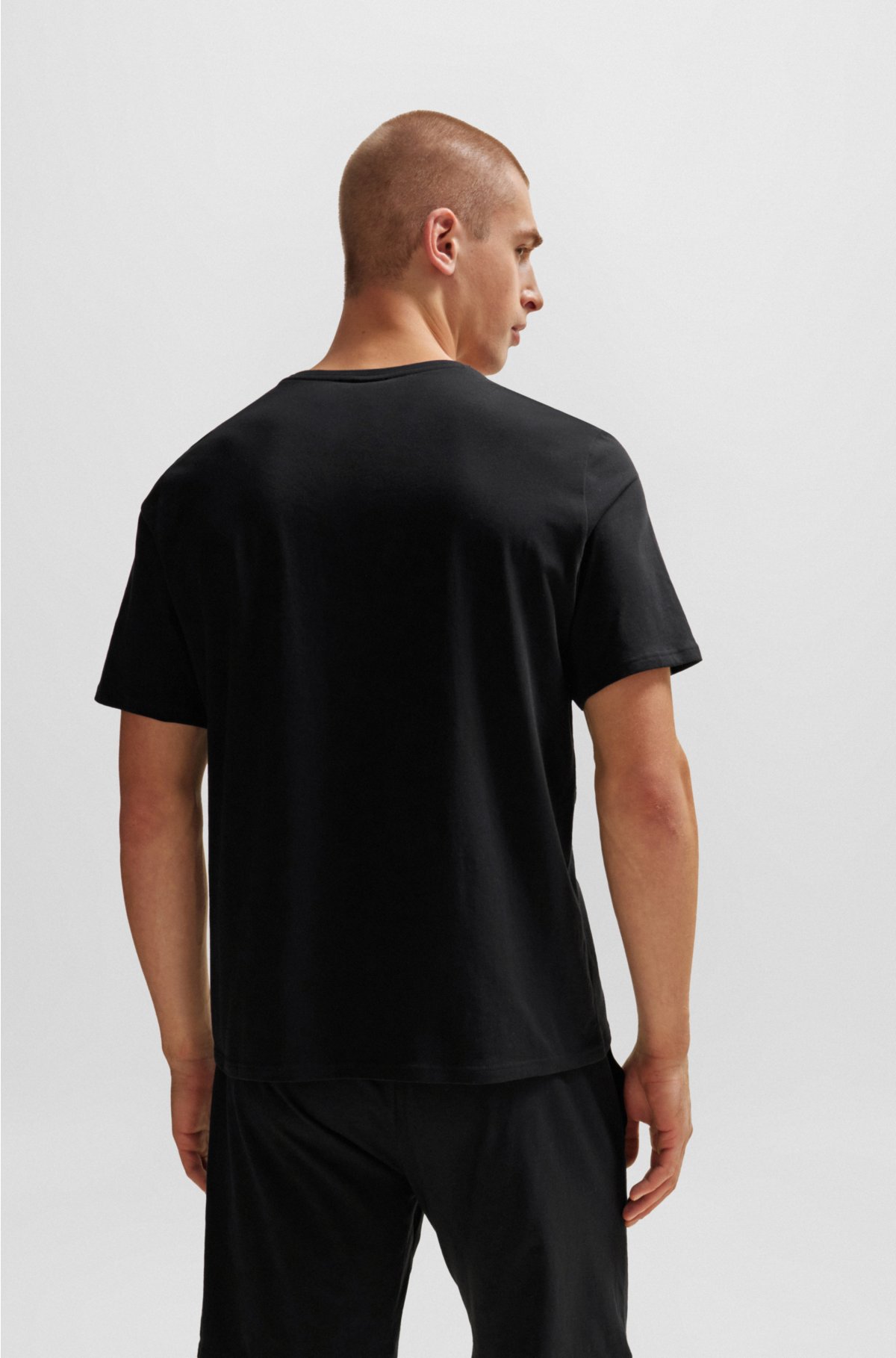 Stretch-cotton pyjama T-shirt with signature stripe and logo, Black