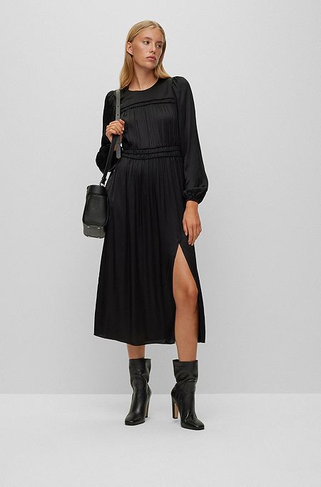 Midi-length dress with gathered details, Black