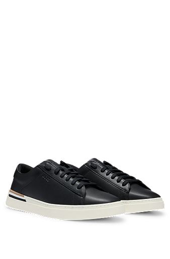 Leather cupsole trainers with signature stripe and logo, Black