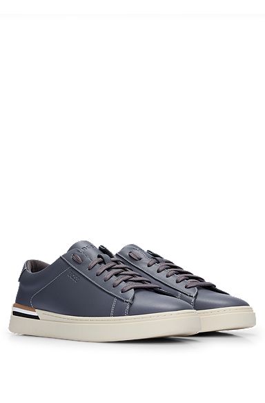 Leather cupsole trainers with signature stripe and logo, Dark Grey