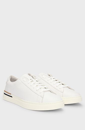 Leather cupsole trainers with signature stripe and logo, White