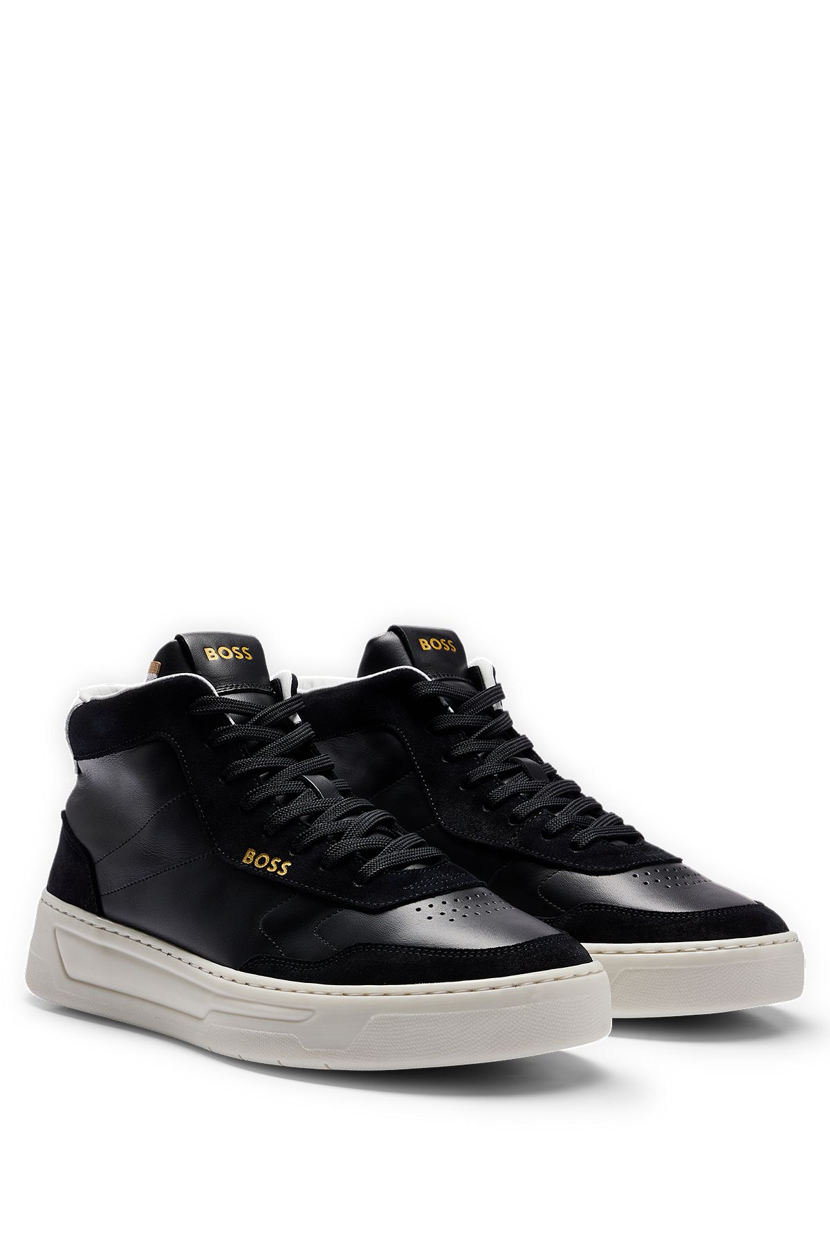 Mid-top trainers in leather and suede, Black