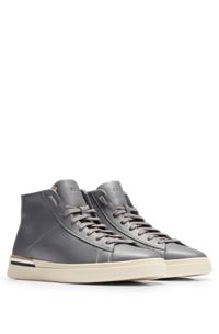 Leather trainers with signature stripes and logo, Dark Grey