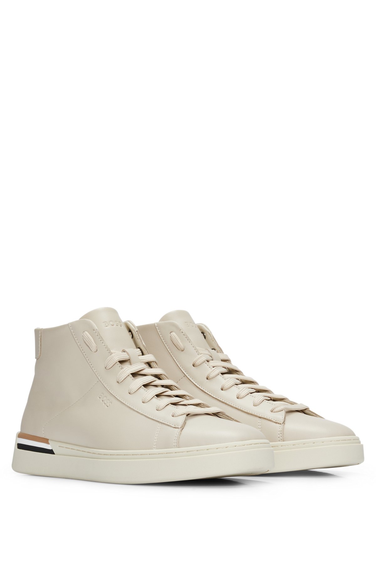 Leather trainers with signature stripes and logo, Light Beige