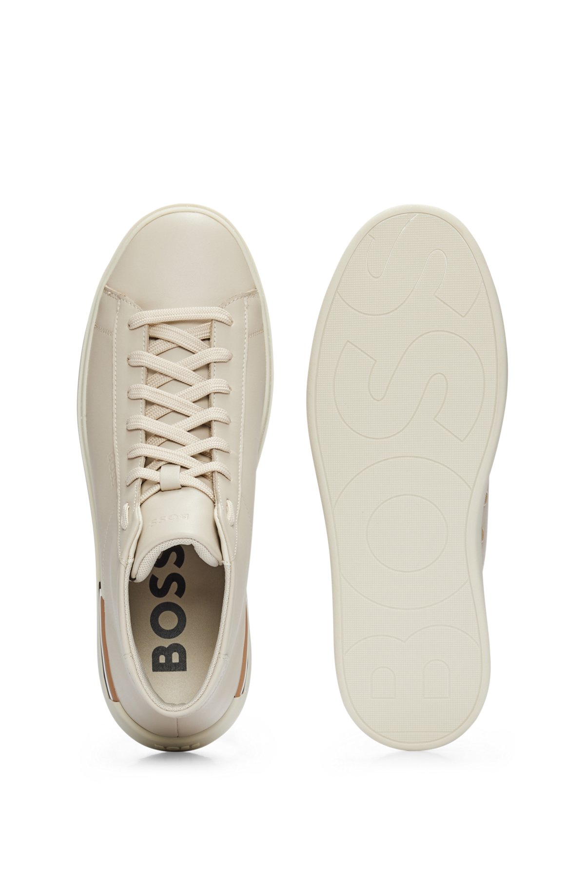 Leather trainers with signature stripes and logo, Light Beige