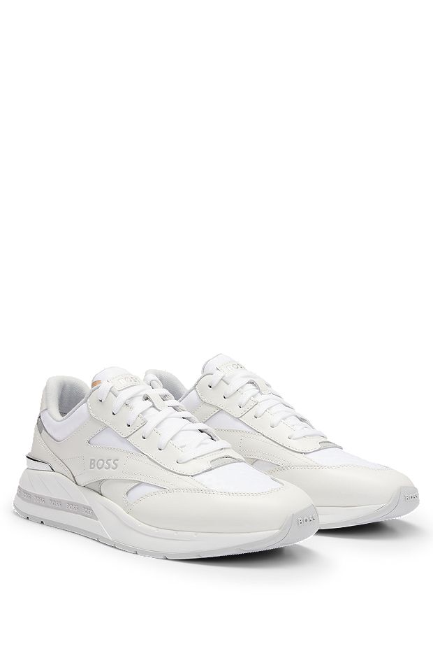 Mixed-material trainers with leather and monogram jacquard, White