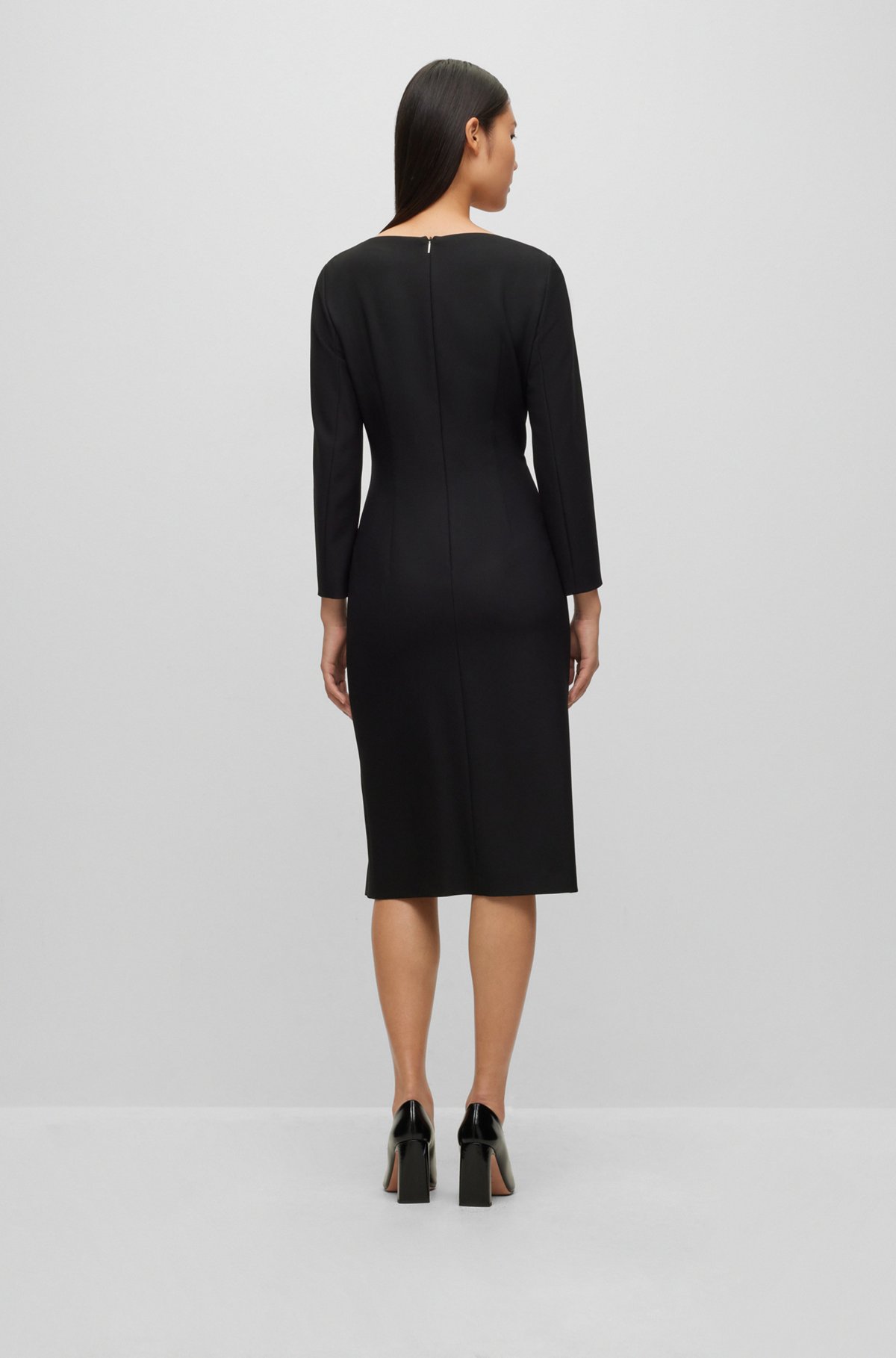 Slim-fit business dress with feature neckline, Black