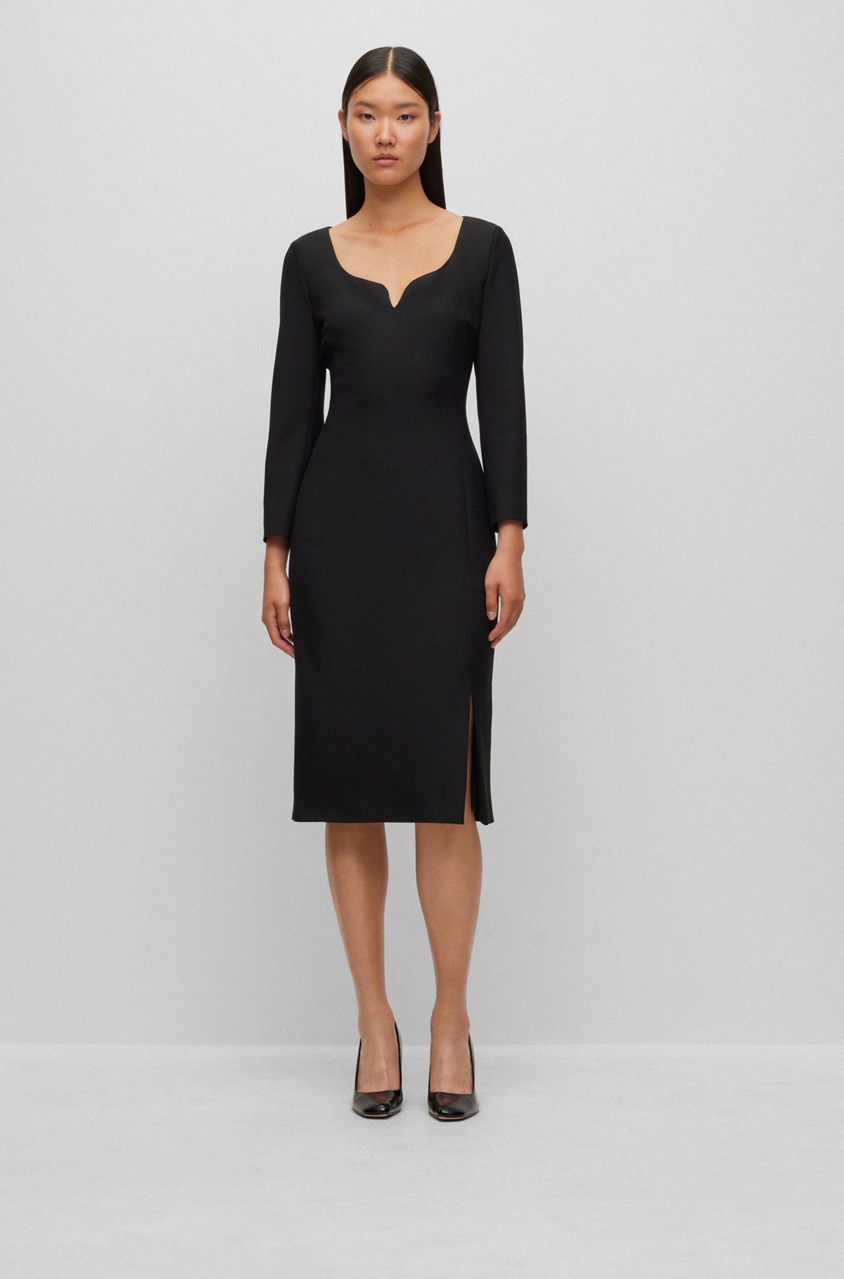 Slim-fit business dress with feature neckline, Black
