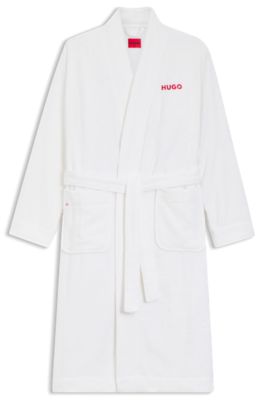 Cotton-terry dressing gown with embroidered red logo, White