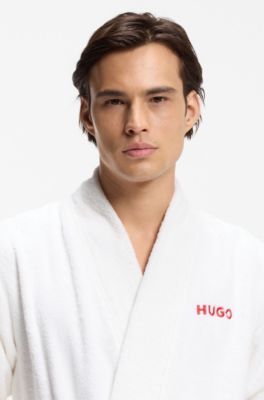 Cotton-terry dressing gown with embroidered red logo, White