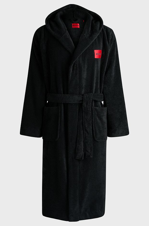 Cotton-terry dressing gown with red logo label, Black
