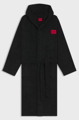 Hooded dressing gown in cotton terry with logo label, Black
