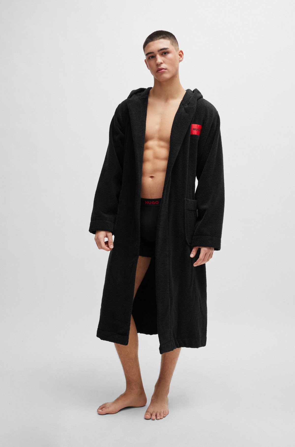 HUGO - Cotton-terry hooded dressing gown with red logo label